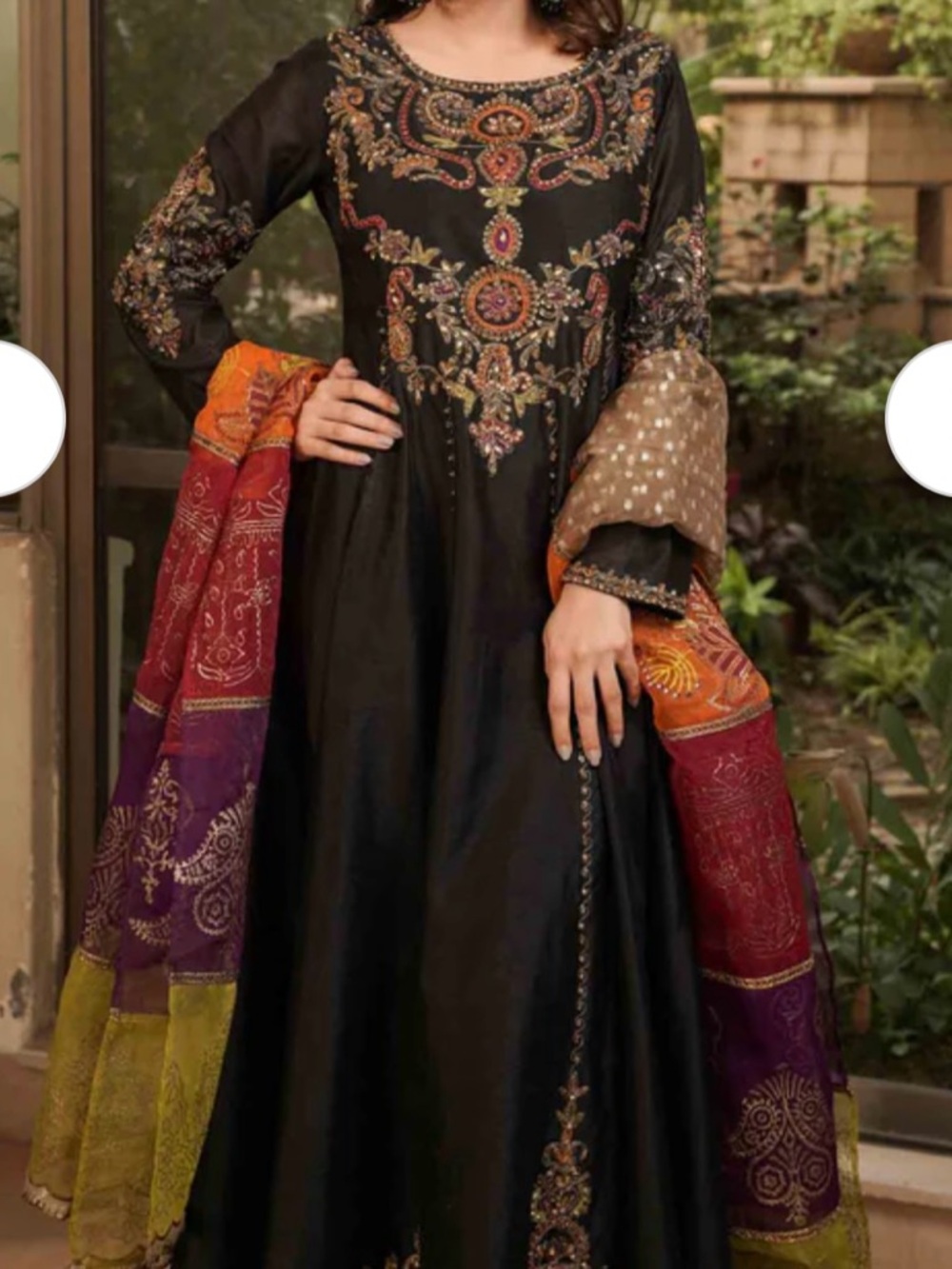 Embroidered Black Women's Dress with Multicolor dupatta and trouser 3pc